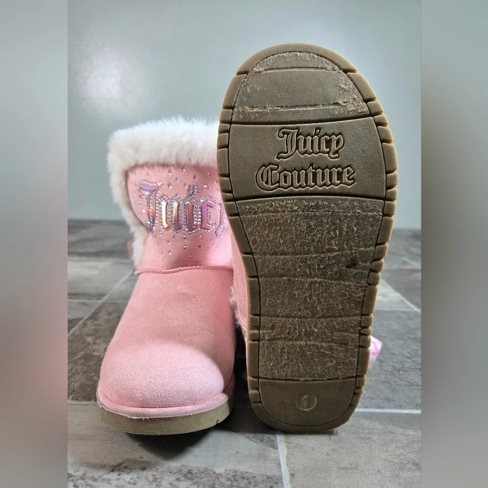 JUICY COUTURE COZY FAUX FUR COZY RHINESTONE BOOTS.